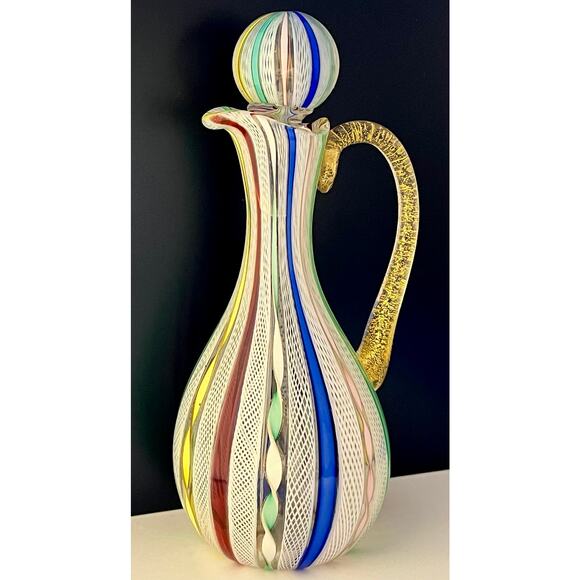 "Murano (Attributed to Fratelli Toso)" Other - RARE Murano Zanfirico Latticino Glass Decanter Arlecchino Ribbon Gold Aventurine